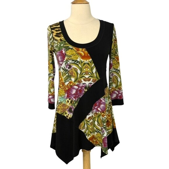 Eva Varro Tunic Top Asymmetric Slinky Knit Colorful Floral Stretch Swing Size XS - Picture 6 of 6